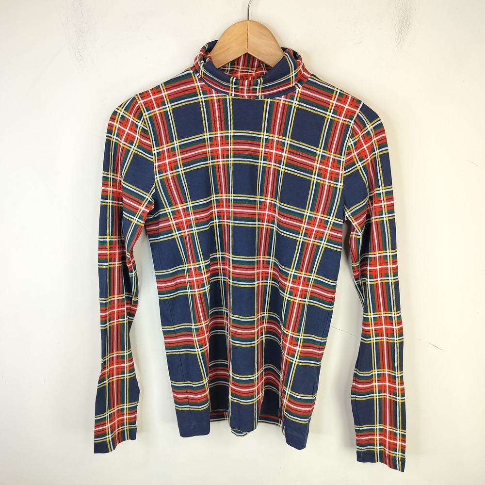 J.Crew Plaid Tissue Turtleneck Top Womens Small Long Sleeve Navy Red Classic